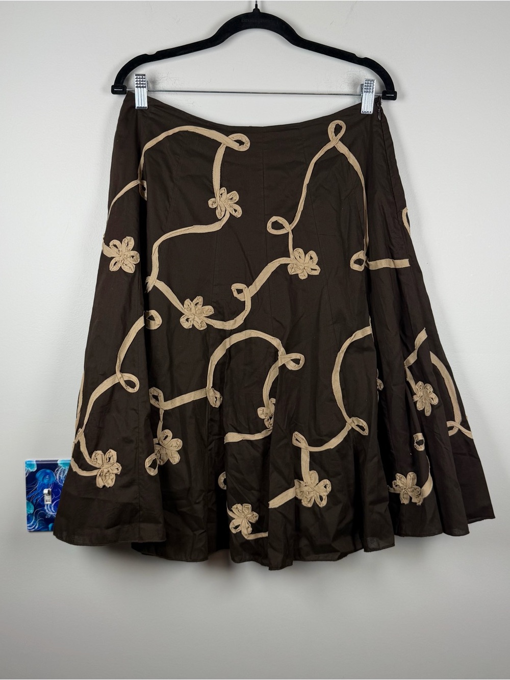 Sunny Leigh Y2K Brown Tan Floral Ribbon Appliqué Midi Skirt Fairy Fall Cotton 8